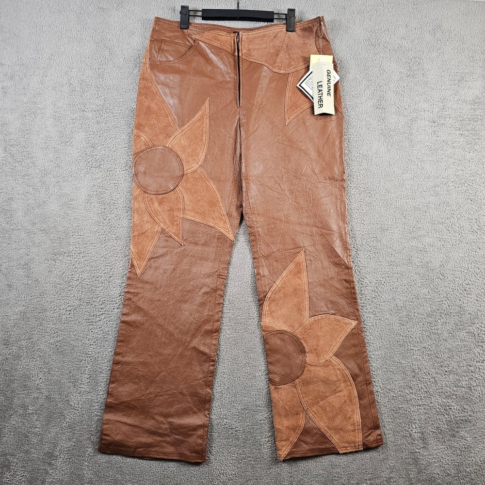 Metrostyle Brown Leather Patchwork Sunflower Pants Suede Size 14 NEW Vintage